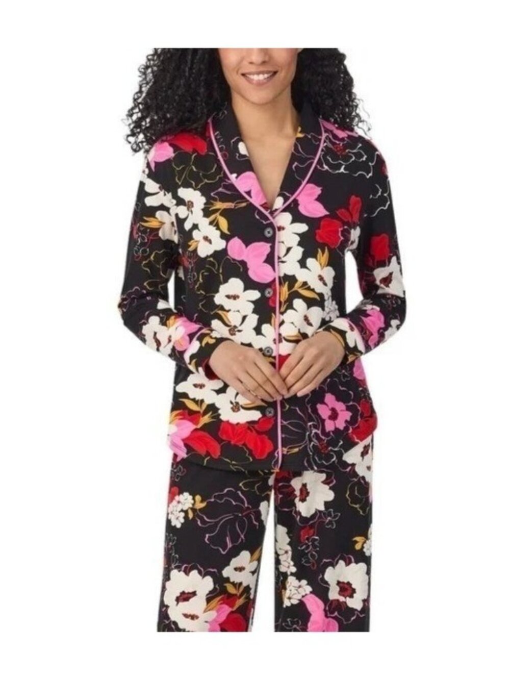 NWT Room Service Women's XL Floral Pajama Top Black Pink Red Button Up J1905